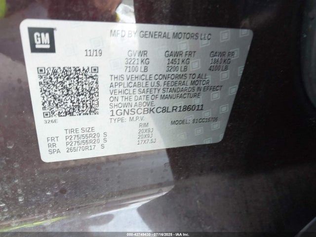 1GNSCBKC8LR186011 Chevrolet l83 - spark ignited direct injection, variable valve timing, afm, e85 max, alum