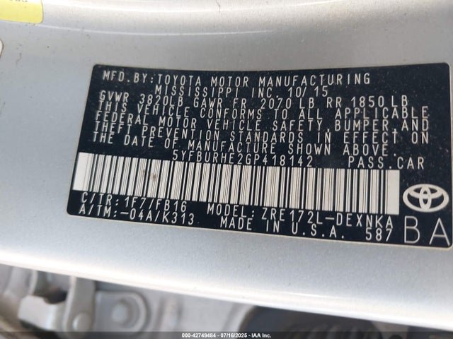 Toyota 2zr-fe 2016 5YFBURHE2GP418142 Image 9