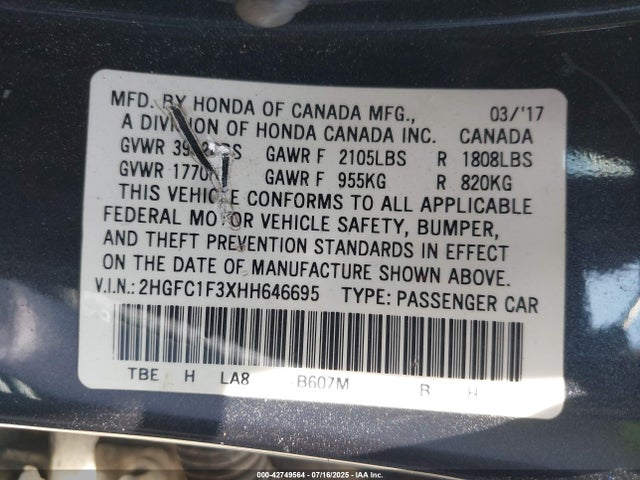 2HGFC1F3XHH646695 Honda l15b7