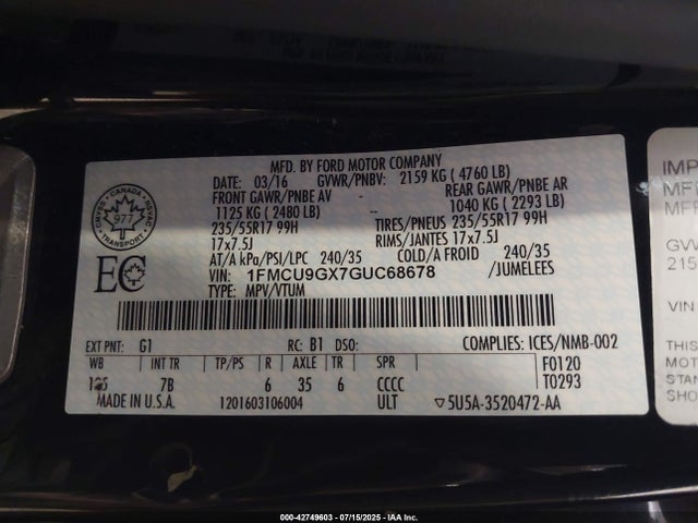 1FMCU9GX7GUC68678 Ford 2016
