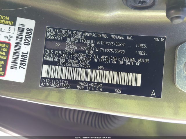 5TDJY5G18HS147698 Toyota 3ur-fe