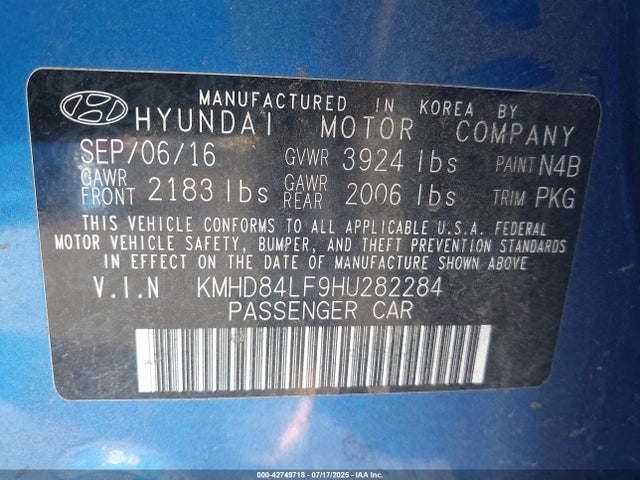 KMHD84LF9HU282284 Hyundai 2017