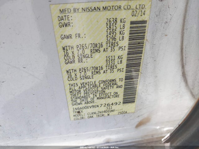 Nissan Frontier 2014 1N6AD0EV9EN726492 Image 9