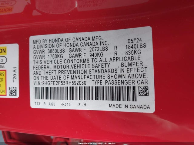 2HGFE2F55RH592080 Honda k20c2