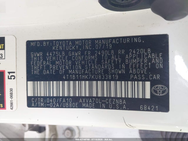 4T1B11HK7KU833819 Toyota a25a-fks