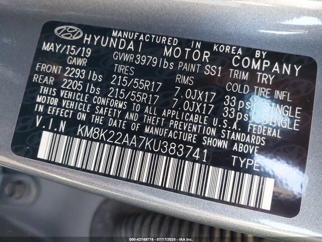 KM8K22AA7KU383741 Hyundai mpi nu