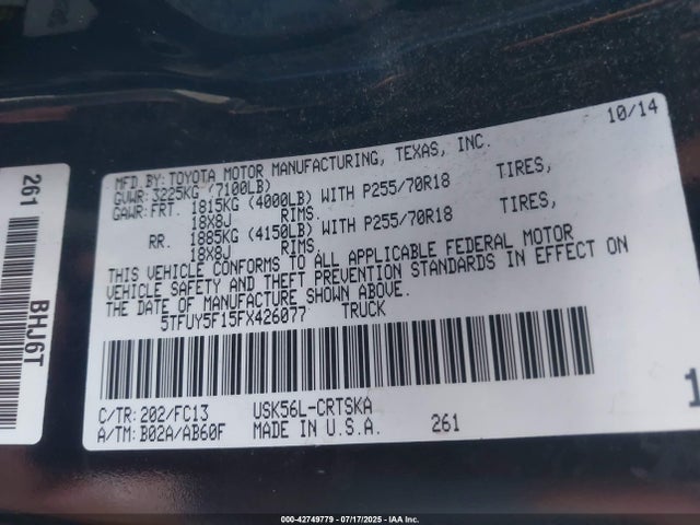 Toyota 3ur-fbe 2015 5TFUY5F15FX426077 Image 9