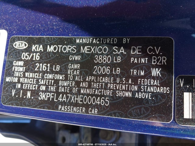 3KPFL4A7XHE000465 KIA mpi nu