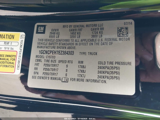 1GCNCPEH7EZ384303 Chevrolet lv3 - vvt, aluminum, e85 max