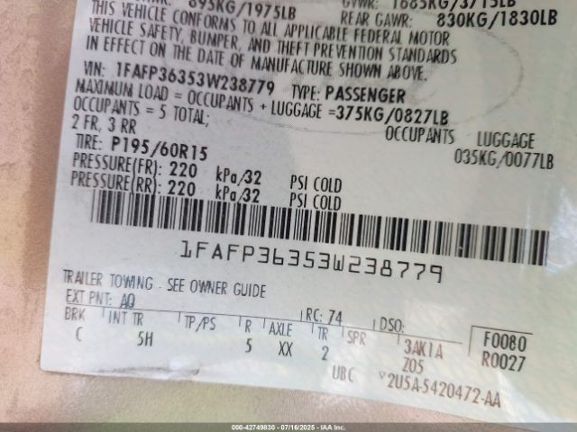 2003 FORD FOCUS 1FAFP36353W238779 Photo 8