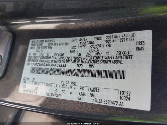 1FMCU0GX6GUA09238 Ford 2016