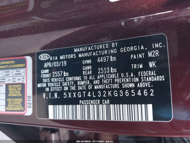 5XXGT4L32KG365462 KIA gdi