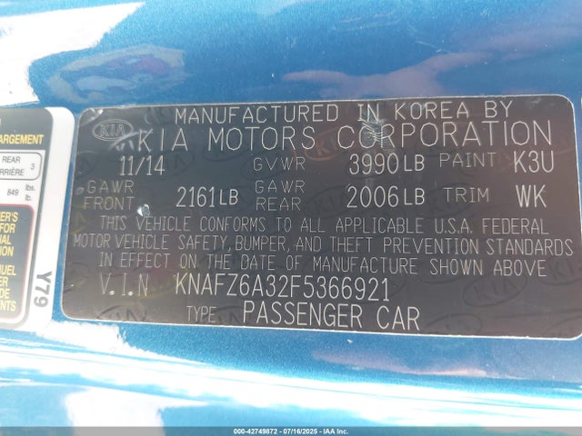 KNAFZ6A32F5366921 KIA Dohc T-gdi Gamma