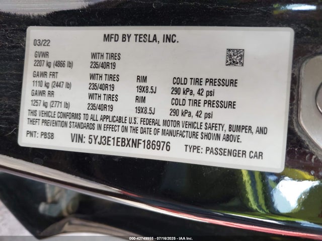 2022 TESLA MODEL 3 5YJ3E1EBXNF186976 Photo 8