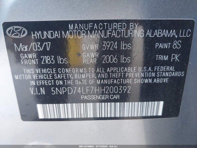 Hyundai 2017 2017 5NPD74LF7HH200392 Image 9