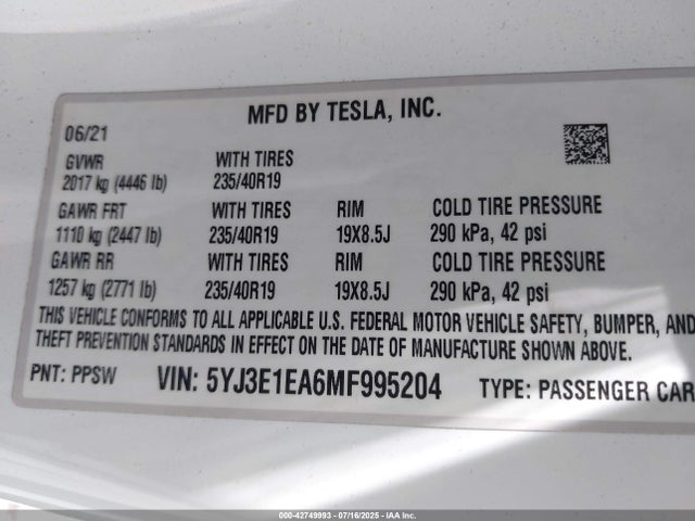 2021 TESLA MODEL 3 5YJ3E1EA6MF995204 Photo 8