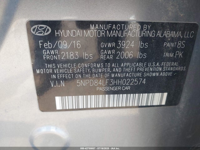 5NPD84LF3HH022574 Hyundai 2017