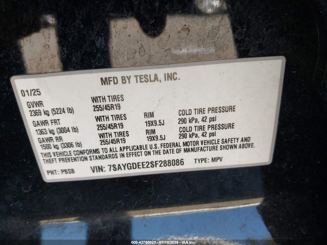 Tesla 2025 2025 7SAYGDEE2SF288086 Image 9