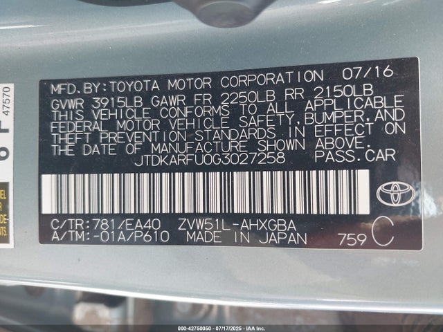 JTDKARFU0G3027258 Toyota 2zr-fxe,1nm