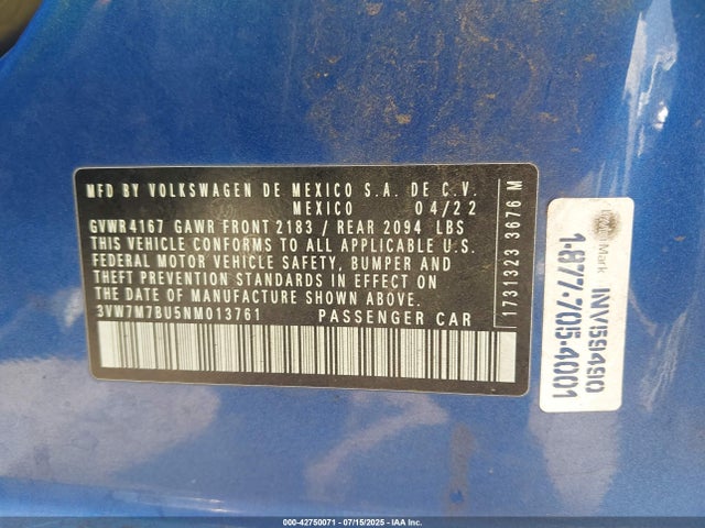 3VW7M7BU5NM013761 Volkswagen 1.5 tsi