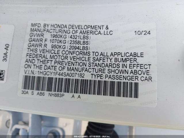 1HGCY1F44SA007182 Honda l15be