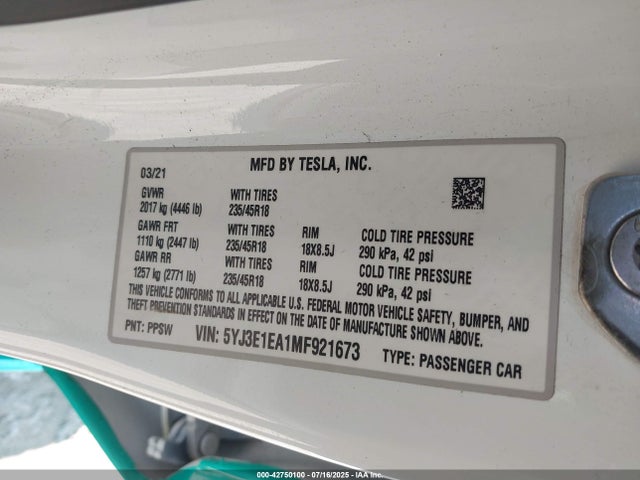 2021 TESLA MODEL 3 5YJ3E1EA1MF921673 Photo 8