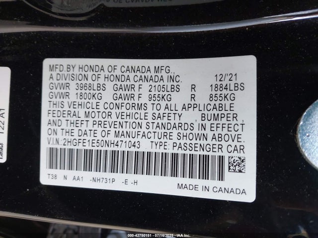 Honda l15ca 2022 2HGFE1E50NH471043 Image 9
