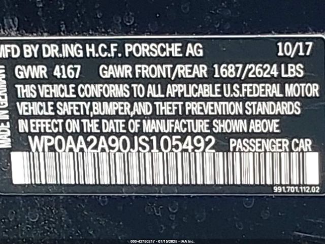 2018 PORSCHE 911 WP0AA2A90JS105492 Photo 8