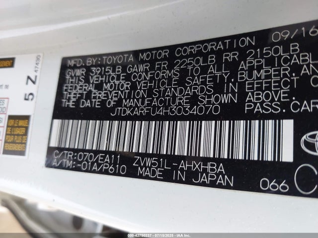 JTDKARFU4H3034070 Toyota 2zr-fxe,1nm