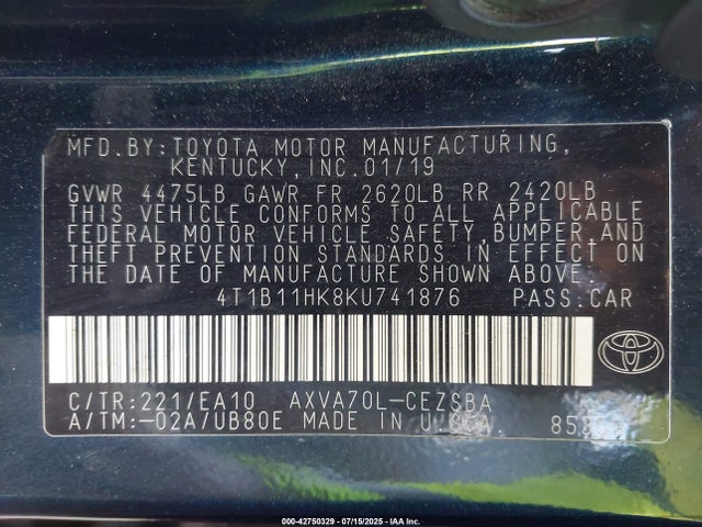 4T1B11HK8KU741876 Toyota a25a-fks