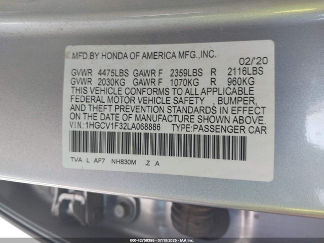 1HGCV1F32LA068886 Honda l15be