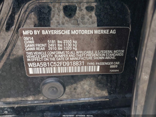 42750357 :رقم المزاد ، WBA5B1C52FD918831 vin ، 2015 Bmw 535i مزاد بيع