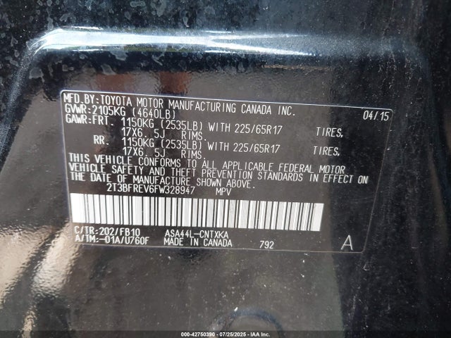 Toyota 2ar-fe 2015 2T3BFREV6FW328947 Image 9
