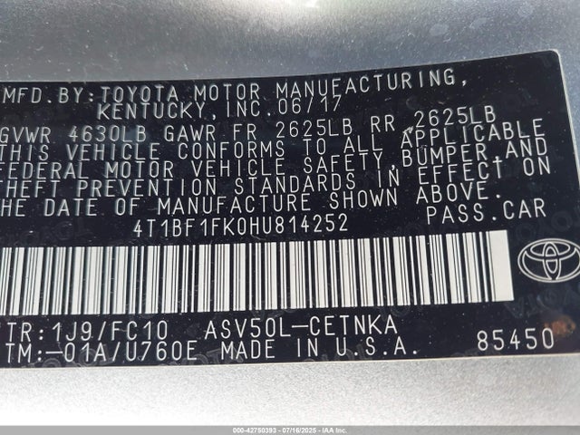 4T1BF1FK0HU814252 Toyota 2ar-fe