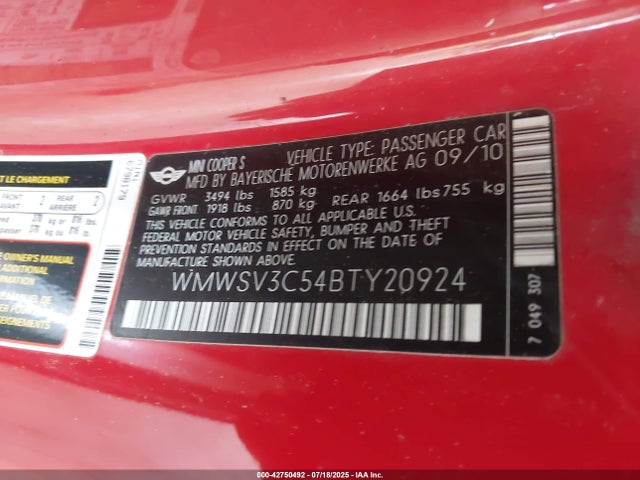 2011 MINI COOPER S WMWSV3C54BTY20924 Photo 8