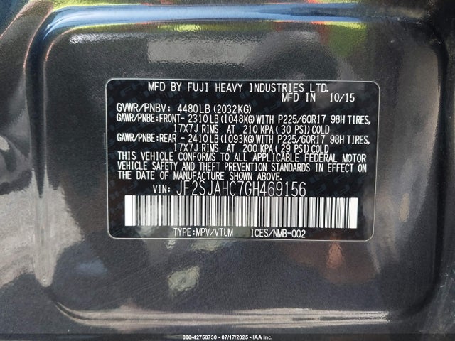 JF2SJAHC7GH469156 Subaru naturally aspirated u5
