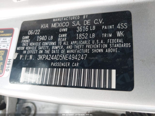 3KPA24AD5NE494247 KIA mpi gamma ii