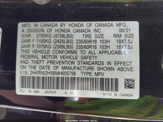 2HKRW2H58MH655758 Honda l15be