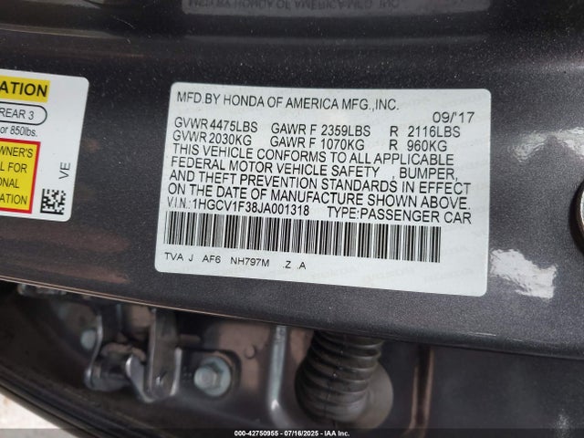 1HGCV1F38JA001318 Honda l15be
