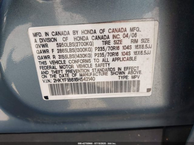 2006 HONDA PILOT 2HKYF18616H542140 Photo 8