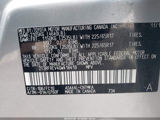Toyota 2ar-fe 2016 2T3RFREV4GW418419 Image 9