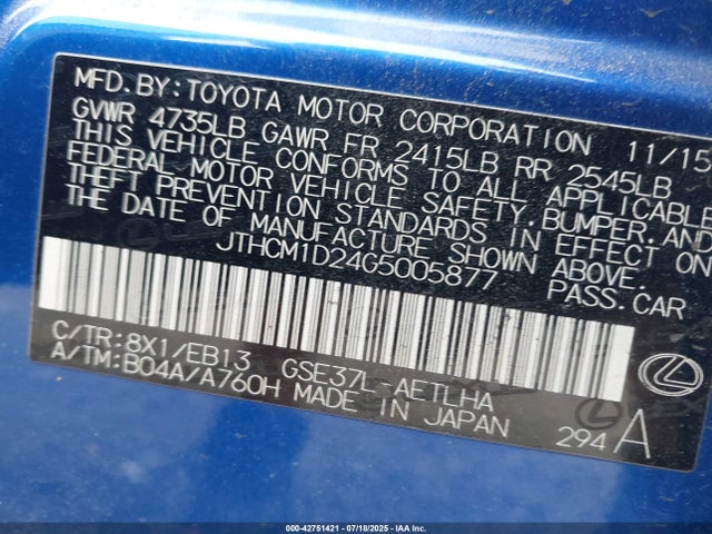 Lexus 2gr-fse 2016 JTHCM1D24G5005877 Image 9