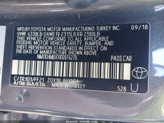 NMTKHMBXXKR074270 Toyota 3zr-fae