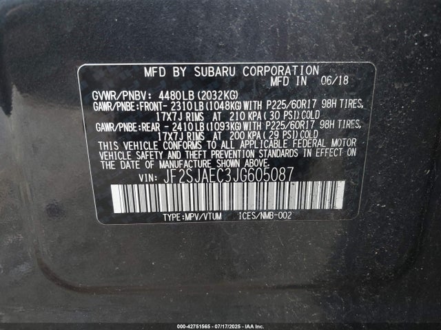 JF2SJAEC3JG605087 Subaru naturally aspirated u5