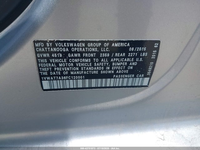 Volkswagen Passat 2015 1VWAT7A36FC120001 Image 9