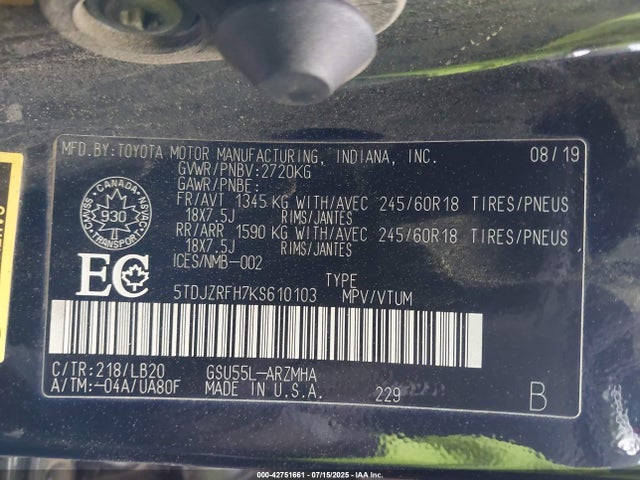Toyota 2gr-fks 2019 5TDJZRFH7KS610103 Image 9