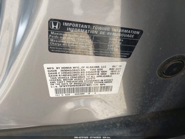 5FNYF6H69GB097885 Honda j35y6