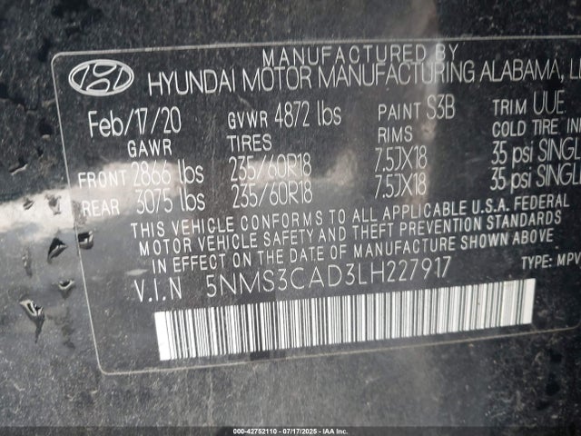5NMS3CAD3LH227917 Hyundai gdi theta ii