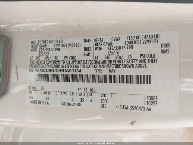 1FMCU9GD9HUA90134 Ford gtdi sigma w/premium fuel