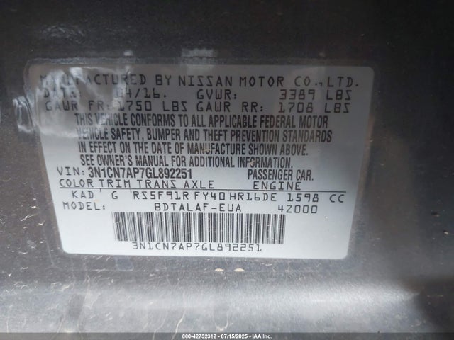 3N1CN7AP7GL892251 Nissan 2016